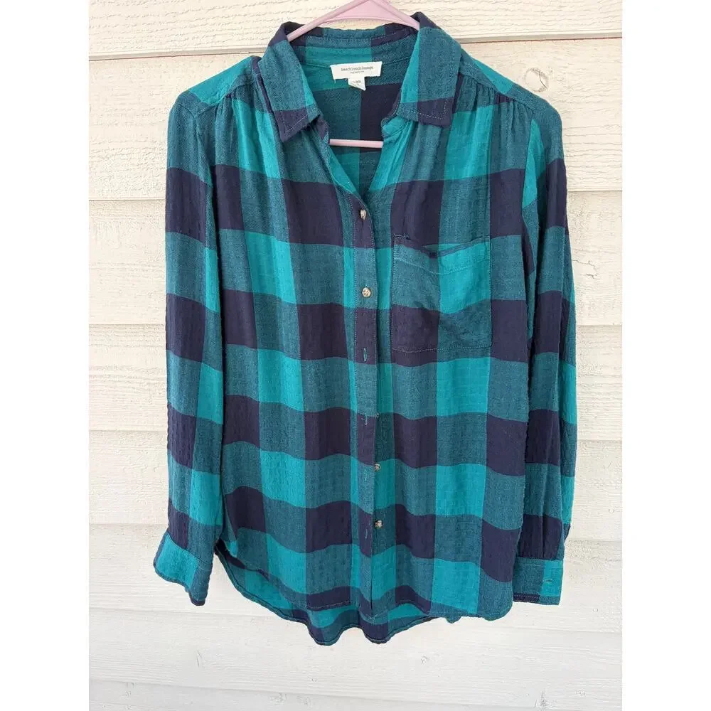 Beachlunchlounge Teal Navy Buffalo Plaid Button Down Shirt XS Lightweight Flanne - Picture 2 of 6